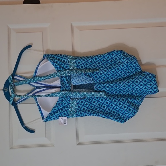 NWT Motherhood Maternity Blue Patterned Halter One-Piece Swimsuit - Picture 4 of 9